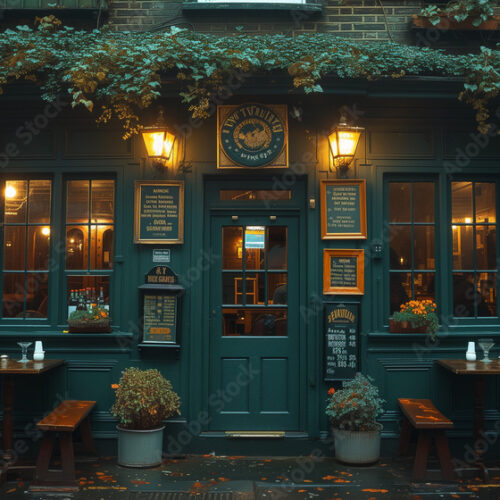 the front side of a traditional green old Pub, London UK, green pub outside in the evening, British pub in the evening at dusk